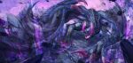  absurdres claws debris dragon eating403 extra_arms foreshortening glowing_horns glowing_mouth gore_magala highres horns monster monster_hunter_(series) no_eyes no_humans open_mouth purple_theme scales talons wings 