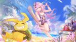  &gt;_&lt; 2girls ahoge beach beach_umbrella blue_sky breasts cleavage closed_mouth cloud cloudy_sky crystal csyday doll elf elysia_(honkai_impact) food fruit full_body grin hair_ornament highres holding holding_sheath holding_sword holding_weapon homu_(honkai_impact) honkai_(series) honkai_impact_3rd katana long_hair looking_at_viewer loot_box multiple_girls one-piece_swimsuit outdoors palm_tree pink_eyes pink_hair pink_one-piece_swimsuit pointy_ears purple_eyes purple_hair raiden_mei raiden_mei_(herrscher_of_thunder) sand sharp_teeth sheath sky smile swimsuit sword teeth thighs tongue tongue_out tree umbrella v-shaped_eyebrows very_long_hair water watermelon weapon 