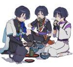  3boys armor bangs black-socks black_bridal_gauntlets black_cat black_hair black_sash black_shirt black_shorts black_vest blue_vest blunt_ends bow bowl cat closed_eyes cocked_eyebrow cup drinking genshin_impact hakama hakama_shorts highres holding holding_teapot japanese_armor japanese_clothes jewelry kimono kote kurokote layered_shirt long_sleeves looking_at_viewer male_focus mandarin_collar multiple_boys necklace open_clothes open_mouth open_vest pants parted_bangs plate pom_pom_(clothes) puffy_pants purple_bow purple_eyes purple_sash purple_shirt red_sash red_tirm rice rice_bowl sash scaramouche_(cat)_(genshin_impact) scaramouche_(genshin_impact) scaramouche_(kabukimono)_(genshin_impact) shirt short_hair short_sleeves shorts sleeveless sleeveless_shirt socks spoon steam tea teapot tokodenashi two-tone_vest v-shaped_eyebrows vest vision_(genshin_impact) wanderer_(genshin_impact) white-socks white_background white_kimono white_pants white_shirt white_trim white_vest wide_sleeves 