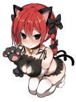  1girl absurdres animal_ears animal_hands bangs bell black_bow black_choker bow braid breasts cat_cutout cat_ears cat_paws cat_tail choker cleavage_cutout closed_mouth clothing_cutout commentary_request extra_ears fang fang_out full_body greatmosu hair_bow heart heart-shaped_pupils highres kaenbyou_rin large_breasts looking_at_viewer medium_hair multiple_tails navel neck_bell nekomata red_eyes red_hair seiza side_braids simple_background sitting smile solo symbol-shaped_pupils tail thighhighs touhou twin_braids two_tails white_background white_thighhighs 