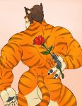  5_fingers absurd_res anthro arts_of_indiego back_muscles biceps big_butt brown_hair butt felid fingers flower fur hair hi_res male mammal muscular muscular_anthro muscular_male nude orange_body orange_fur paladins pantherine plant purple_nose rear_view romantic rose_(flower) simple_background solo striped_body striped_fur stripes tiberius_(paladins) tiger triceps 