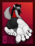  5_toes absurd_res anthro black_hair border bottomwear butt canid canine canis clothing countershade_feet countershading feet foot_focus fur grey_body grey_fur hair halftone halftone_background hi_res long_hair looking_at_viewer male mammal nails pattern_background red_background red_eyes shirt shorts signature simple_background soles solo tail tank_top toenails toes topwear travis_(sebafox) wolf wu_capy yellow_sclera 