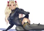  1girl bangs black_dress black_gloves black_thighhighs blonde_hair breasts dark-skinned_female dark_skin dress earrings ereshkigal_(fate) ereshkigal_alter_(fate) fate/grand_order fate_(series) gloves hair_ribbon hoop_earrings jewelry koucha_maru large_breasts long_hair long_sleeves looking_at_viewer parted_bangs red_eyes ribbon short_dress smile solo thighhighs thighs tiara two_side_up 