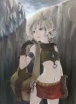  1girl armband bag blue_eyes brown_bag brown_gloves canyon colored_eyelashes crop_top crystal earrings elf eyelashes fantasy gloves highres holding holding_bag jewelry miniskirt mizo_(oekkmi) necklace open_mouth original outdoors pointy_ears short_hair skirt sleeveless solo 