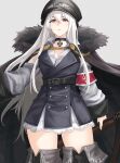  1girl bangs belt black_belt black_choker black_coat black_footwear black_headwear bolt_action boots breasts buttons choker closed_mouth coat cross cross_pendant detached_sleeves fuku_(fuku12290574) fur-trimmed_hood fur_trim girls&#039;_frontline grey_background grey_sleeves gun hair_between_eyes hat highres holding holding_gun holding_weapon hood iron_cross kar98k_(girls&#039;_frontline) light_frown long_hair looking_at_viewer mauser_98 medium_breasts red_eyes rifle sidelocks simple_background solo thigh_boots thighs weapon white_hair wing_print 