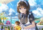  1girl apron bangs black_shirt blue_eyes blue_sky blunt_bangs boat brown_hair cloud cup day drinking_glass food gloves holding leaning_forward light_rays long_hair looking_at_viewer maid maid_apron maid_headdress original outdoors pouring puffy_sleeves purple_eyes ribbon sailboat shirt short_sleeves sky smile solo summer tan_(tangent) upper_body watercraft white_gloves white_ribbon 