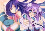  2girls absurdres bare_shoulders blue_eyes braid breasts cosplay d-pad d-pad_hair_ornament double_v hair_between_eyes hair_ornament highres iris_heart kami_jigen_game_neptune_v large_breasts long_hair long_sleeves looking_at_viewer misaki_(nounaikakusan) multiple_girls neptune_(neptune_series) neptune_(neptune_series)_(cosplay) neptune_(series) open_mouth purple_hair purple_heart pururut pururut_(cosplay) red_eyes single_braid symbol-shaped_pupils twin_braids v very_long_hair 