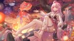  1girl :d absurdres architecture bangs barefoot breasts cherry_blossoms chinese_clothes cleavage east_asian_architecture elf elysia_(herrscher_of_human:ego)_(honkai_impact) elysia_(honkai_impact) feet fireworks flower full_body full_moon grin hair_flower hair_ornament highres honkai_(series) honkai_impact_3rd lantern legs long_hair long_sleeves moon night night_sky outdoors petals pink_eyes pink_flower pink_hair pointy_ears sky smile soles solo teeth temple thighs toes tree very_long_hair yelan_xing_xuan 