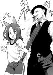  1boy 1girl absurdres animal_ears bow ear_covers greyscale gym_shirt gym_shorts gym_uniform hair_bow highres horse_ears horse_girl kakuteru_sudachi king_halo_(umamusume) long_hair monochrome necktie original_race_uniform_(umamusume) shirt short_sleeves shorts surprised tail_slapping trainer_(umamusume) umamusume vest white_shirt 