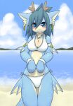  1girl animal_ears armlet ass_visible_through_thighs bangs bare_shoulders beach bikini blue_eyes blue_hair blue_skin blue_sky blush borrowed_character bracelet breasts brown_horns cleavage closed_mouth cloud collarbone colored_skin commentary_request conch cowboy_shot day dragon_girl earrings fins furry furry_female hair_between_eyes happy highres horns jewelry kame_(3t) long_hair looking_at_viewer medium_breasts multicolored_skin navel necklace ocean original outdoors sand scales shell_necklace side-tie_bikini_bottom sidelocks sky smile solo split_mouth standing straight-on swimsuit tail thighs two-tone_skin water white_bikini yellow_skin 
