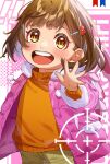  1girl :d backpack bag blush bob_cut brown_eyes brown_hair buddy_daddies child hair_ornament hairclip happy highres jacket long_sleeves looking_at_viewer momose_ramu orange_shirt pink_background pink_jacket shirt short_hair smile solo unasaka_miri 