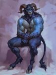  anthro blue_body blue_fur blue_hair bovid caprine caprine_demon chest_tuft claws cloven_hooves curved_horn demon fangs fur goat hair hi_res hooves horn male mammal muscular muscular_anthro muscular_male nude sitting solo tail tail_tuft taran_fiddler teeth tuft 