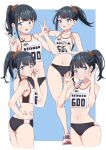  1girl absurdres bangs bare_legs black_hair blue_eyes buruma gridman_universe highres long_hair multiple_views navel orange_scrunchie ponytail scrunchie sho_(shoshos_8888) sports_bikini ssss.gridman stomach straight_hair takarada_rikka thighs track_and_field 