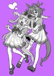  2girls @_@ agnes_digital_(umamusume) agnes_tachyon_(umamusume) ahoge animal_ears bangs blush bow bowtie full_body grabbing grabbing_from_behind greyscale hair_between_eyes hair_bow half-closed_eyes hand_on_another&#039;s_shoulder heart highres holding holding_test_tube horse_ears horse_girl horse_tail light_blush long_bangs long_hair looking_at_another mary_janes monochrome multiple_girls open_mouth pink_background pleated_skirt puffy_short_sleeves puffy_sleeves school_uniform screaming serafuku shoes short_hair short_sleeves skirt smile spot_color sweat swept_bangs tail tearing_up test_tube thighhighs tracen_school_uniform two_side_up umamusume waist_bow wide-eyed yokuko_zaza 