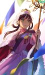  1girl ace_attorney black_hair cape closed_mouth dddagneo detached_sleeves dress facial_mark forehead_mark fur-trimmed_cape fur_trim green_eyes hair_rings highres holding long_hair looking_to_the_side magatama phoenix_wright:_ace_attorney_-_spirit_of_justice pink_dress rayfa_padma_khura&#039;in red_cape sidelocks simple_background solo tiara veil white_background 