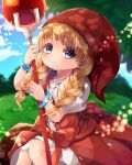  1girl blonde_hair blue_bracelet blue_eyes bow bracelet braid dragon_quest dragon_quest_xi dress hat highres holding holding_staff jewelry outdoors parted_lips red_bow red_dress red_headwear rushin sitting sitting_on_log solo staff twin_braids veronica_(dq11) 