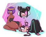  2girls absurdres ass black_hair dark-skinned_female dark_skin feet han_juri highres huge_ass kujikawaii menat multiple_girls purple_hair shiny_skin sitting_on_face street_fighter toes yuri 