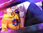  2boys artist_name black_pants blue_hair closed_eyes facing_another ghostly_day hair_between_eyes hasegawa_langa highres hood hood_down hoodie kiss knee_up kyan_reki male_focus multiple_boys pants railing red_hair shirt short_hair sk8_the_infinity white_shirt yaoi yellow_hoodie 