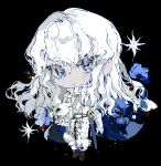  1boy armor berserk black_background blue_eyes boots brown_footwear cape chibi closed_eyes full_armor griffith_(berserk) helmet highres holding holding_helmet long_hair looking_at_viewer male_focus simple_background solo vihua6 wavy_hair white_hair 