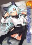 1girl anal anal_object_insertion animal_ears arms_up belt black_sailor_collar black_skirt black_thighhighs blue_eyes blue_hair cat_ears cat_tail claw_pose comiket_99 commentary_request cover cover_page doujin_cover fake_animal_ears foot_out_of_frame hair_between_eyes hibiki_(kancolle) highres kantai_collection knees_up light_blue_hair long_hair looking_at_viewer lying misato_(3_5_7) no_shoes object_insertion on_back panties pillow pleated_skirt pumpkin sailor_collar school_uniform serafuku skirt solo tail thighhighs underwear verniy_(kancolle) white_panties 