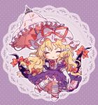  1girl blonde_hair blush bow chibi closed_eyes dress elbow_gloves folding_fan full_body gap_(touhou) gloves hair_bow hand_fan hat hat_ribbon holding holding_fan holding_umbrella kneehighs long_hair masanaga_(tsukasa) mob_cap open_mouth polka_dot polka_dot_background purple_background purple_dress red_bow red_ribbon ribbon shoes short_sleeves socks solo tears torn_clothes torn_dress touhou umbrella white_footwear white_gloves white_headwear white_socks yakumo_yukari 