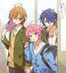  3boys ahoge amemura_ramuda androgynous arisugawa_dice blue_eyes brown_hair candy fling_posse food green_eyes hakuuyori highres hypnosis_mic lollipop long_hair looking_at_viewer male_focus multiple_boys pink_hair purple_eyes purple_hair short_hair yumeno_gentarou 