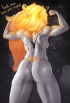  1girl 1other absurdres arms_up ass backboob blonde_hair bodysuit breasts breath dawnbreaker_(dota) dota_(series) english_text facing_away flexing from_behind glowing glowing_hair grey_background grey_bodysuit heart highres long_hair looking_at_another medium_breasts shiny_clothes solo_focus sorapoi standing sweat 