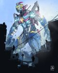  absurdres artist_logo blue_sky building city commentary day debris gridman_(character) gridman_universe gridman_universe_(film) highres looking_ahead mecha moyan outdoors power_lines procreate_(medium) robot science_fiction sky solo ssss.gridman standing utility_pole yellow_eyes 