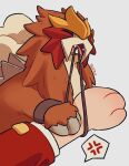  1other anger_vein closed_eyes commentary entei grey_background highres jacket long_sleeves open_mouth pokemon pokemon_(creature) pulling red_jacket simple_background spoken_anger_vein teeth teletelo 