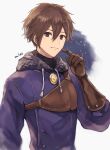  1boy armor black_undershirt blue_coat blush brown_eyes brown_hair character_name coat elbow_gloves fur-trimmed_coat fur_trim gloves gold_necklace highres hood jewelry leather_armor light_smile looking_at_viewer miles_(octopath_traveler) necklace night night_sky octopath_traveler octopath_traveler:_champions_of_the_continent scratching_cheek simple_background sky wspread 