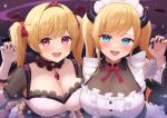  2girls :d animal_ears bangs bear_ears blonde_hair blush breast_press breasts center_frills choker cleavage detached_sleeves fangs frilled_choker frills halloween head_wings highres hololive large_breasts looking_at_viewer maid maid_headdress multiple_girls official_alternate_costume open_mouth red_eyes see-through see-through_cleavage see-through_sleeves skin_fangs smile swept_bangs tiara twintails typho upper_body virtual_youtuber yozora_mel yuzuki_choco 