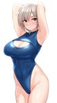  1girl :o anastasia_(idolmaster) armpits arms_up blush breasts cleavage cleavage_cutout clothing_cutout covered_navel earrings grey_hair groin highres idolmaster idolmaster_cinderella_girls jewelry large_breasts looking_at_viewer one-piece_swimsuit short_hair simple_background solo stud_earrings swimsuit tomajiyama water_drop white_background 