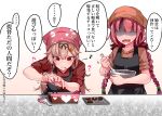  2girls apron artist_name baileys_(tranquillity650) black_apron black_ribbon blonde_hair braid brown_headwear brown_shirt chocolate closed_mouth eighth_note hair_flaps hair_ornament hair_ribbon hairclip head_scarf heart highres holding kantai_collection kawakaze_(kancolle) kawakaze_kai_ni_(kancolle) long_hair mixing_bowl motion_lines multiple_girls musical_note open_mouth pink_headwear red_eyes red_hair red_shirt ribbon shirt signature smile speech_bubble tongue tongue_out translation_request twin_braids twitter_username yuudachi_(kancolle) yuudachi_kai_ni_(kancolle) 