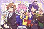  3boys amemura_ramuda androgynous arisugawa_dice blue_eyes brown_hair bubble_tea cellphone closed_eyes fling_posse green_eyes hakuuyori highres holding holding_phone hypnosis_mic long_sleeves male_focus multiple_boys phone pink_hair purple_hair short_hair smile teeth yumeno_gentarou 