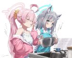  2girls :/ ahoge animal_ear_fluff animal_ears apron bangs bare_shoulders blue_apron blue_archive blue_eyes blush bowl bright_pupils camisole chocolate chocolate_on_face closed_eyes closed_mouth collared_shirt cross_hair_ornament extra_ears faucet finger_in_own_mouth food food_on_face frilled_camisole frills grey_hair hair_flaps hair_ornament hair_scrunchie halo hand_in_pocket highres holding holding_bowl holding_spatula holding_utensil hoshino_(blue_archive) jacket long_hair long_sleeves looking_at_another medium_hair mismatched_pupils multiple_girls open_clothes open_jacket pink_hair ponytail saucepan scrunchie shiroko_(blue_archive) shirt side-by-side sidelocks sideways_glance signature sink sleeves_rolled_up spatula sweatdrop tile_wall tiles translation_request upper_body very_long_hair white_background white_camisole white_pupils wolf_ears yellow_scrunchie yo_na 