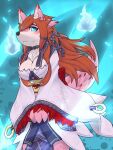  1girl :3 absurdres animal_ear_fluff animal_ears animal_nose bangs blue_background blue_eyes blue_fire blue_ribbon blush body_fur borrowed_character breasts brown_hair cleavage closed_mouth commentary_request fang fire fur_collar furry furry_female hair_ornament hair_ribbon happy highres japanese_clothes kame_(3t) kimono large_breasts light_trail long_hair looking_at_viewer multicolored_fur obi original own_hands_together pink_fur red_fur ribbon sash sidelocks skin_fang sleeves_past_wrists smile snout solo standing tail tail_raised v_arms white_fur white_kimono wide_sleeves wolf_ears wolf_girl wolf_tail 