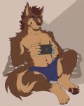  anthro bulge canid canine ear_piercing flunky hi_res male mammal nintendo nintendo_switch paws piercing sitting solo tail 
