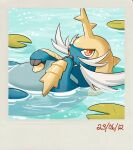  :o artist_name dated english_commentary from_side highres holding holding_shell horns looking_at_viewer no_humans open_mouth pokemon pokemon_(creature) red_eyes samurott shell single_horn teletelo water 