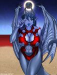  anthro bangs beach big_breasts blue_body blue_hair blue_membrane blue_scales blue_skin blue_tongue breasts clothed clothed_breasts clothing detailed_background digital_media_(artwork) dragon dragon_wings eclipse eliana-asato ena_(eliana) female green_eyes hair hi_res horizon horn long_hair looking_at_viewer membrane_(anatomy) membranous_wings moon one_eye_closed partially_clothed red_clothing red_swimwear red_water scales scalie sea seaside sky smile solo straight_horn swimwear tongue tongue_out touching_face water wings 