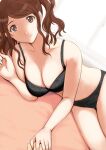  1girl amagami bangs black_bra black_panties bra breasts brown_eyes brown_hair closed_mouth commentary_request highres jewelry large_breasts lingerie long_hair looking_at_viewer lying nakata_sae on_side panties parted_bangs ring smile solo takemi_kaoru twintails underwear wedding_ring 