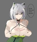  1girl :o animal_ears arknights bare_shoulders body_writing breasts cleavage collar collarbone english_text green_eyes halterneck kal&#039;tsit_(arknights) large_breasts leaning_forward looking_at_viewer medium_hair nuggetkouhai one_eye_closed simple_background solo tattoo 