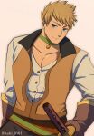 1boy artist_name black_pants blonde_hair blue_eyes brown_gloves choker collarbone gloves green_choker guy_cecil highres hiota_(kuhi_0301) holding holding_sheath long_sleeves looking_at_viewer male_focus pants pectoral_cleavage pectorals sheath sheathed shirt short_hair smile sword tales_of_(series) tales_of_the_abyss upper_body waistcoat weapon white_background white_shirt 