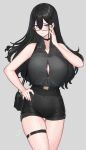  1girl bag bangs bare_shoulders belt black_hair black_shorts blush breasts button_gap choker classy-black-haired_girl_(hayabusa) cleavage collared_shirt glasses grey_shirt hayabusa highres large_breasts long_hair looking_at_viewer original purple_eyes shirt shorts shoulder_bag sleeveless sleeveless_shirt smile solo thigh_strap thighs 