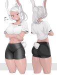  1girl abs absurdres animal_ears ass bike_shorts black_shorts boku_no_hero_academia bra_strap clothes_writing commentary cropped_legs crossed_arms dark-skinned_female dark_skin from_behind grey_background grey_hair grin high_ponytail highres koyap mirko multiple_views musical_note nape navel rabbit_ears red_eyes shirt short_sleeves shorts simple_background smile symbol-only_commentary thighs white_background white_shirt 