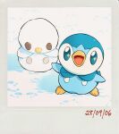  :d artist_name colored_sclera dated green_sclera happy highres open_mouth outdoors piplup pokemon pokemon_(creature) smile snow snowman standing teletelo 