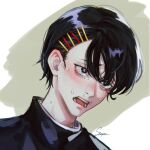  1boy artist_name black_hair chainsaw_man crying crying_with_eyes_open gakuran hair_ornament hairpin highres kobeni_otouto looking_at_viewer mole mole_under_eye multiple_hairpins open_mouth school_uniform short_hair signature snot solo staryoruu sweat sweating_profusely tearing_up tears two-tone_background 