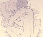  1boy 1girl ass blush breasts closed_eyes completely_nude heart hug leg_lock lynette_(octopath_traveler) messy_hair miles_(octopath_traveler) moaning monochrome nipples nude octopath_traveler octopath_traveler:_champions_of_the_continent on_bed pillow sex spoken_heart spread_legs sweat wspread 
