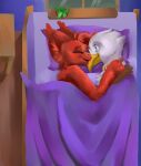  2023 accipitrid accipitriform adlerseven anthro avian bald_eagle beak bed bed_sheet bedding bedroom bird blue_eyes brown_body brown_feathers cuddling dragon duo eagle embrace eyes_closed feathers fur furniture hi_res hug looking_at_another male male/male msi_dragon_lucky pillow red_body red_fur sea_eagle sleeping smile unknown_artist white_body white_feathers 