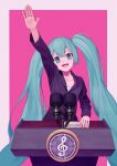  1girl absurdres aqua_eyes aqua_hair arm_up black_dress black_jacket blue_eyes blue_hair collarbone dress hatsune_miku highres jacket lectern long_hair looking_at_viewer microphone musical_note open_mouth partially_unzipped pink_background pink_nails s&#039;il_vous_president sheet_music shirt simple_background smile solo turu twintails very_long_hair vocaloid white_shirt 