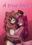  2023 5_fingers absurd_res anthro anthro_on_anthro auty_mink bear black_lips black_nose blue_eyes breasts brown_body brown_fur carly_bear digital_media_(artwork) duo english_text female female/female fingers fur hair hi_res holding_holly holly_(plant) lips mammal mink moomaid mustelid musteline nude pink_background pink_body pink_fur pink_hair plant simple_background smile text true_musteline 